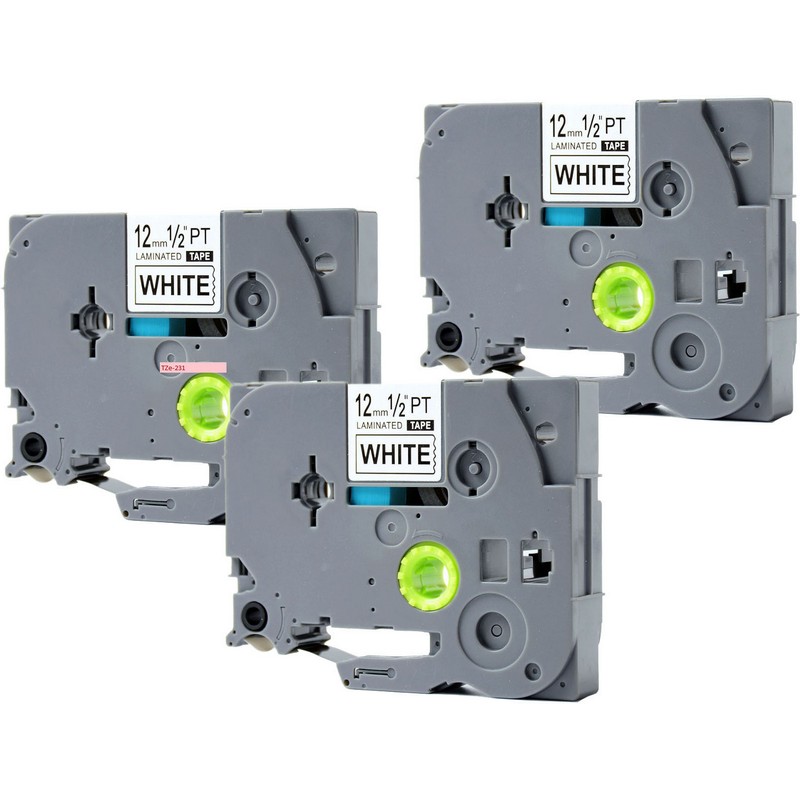 Set of 3 Brother TZe-231 Black on White P-Touch Label