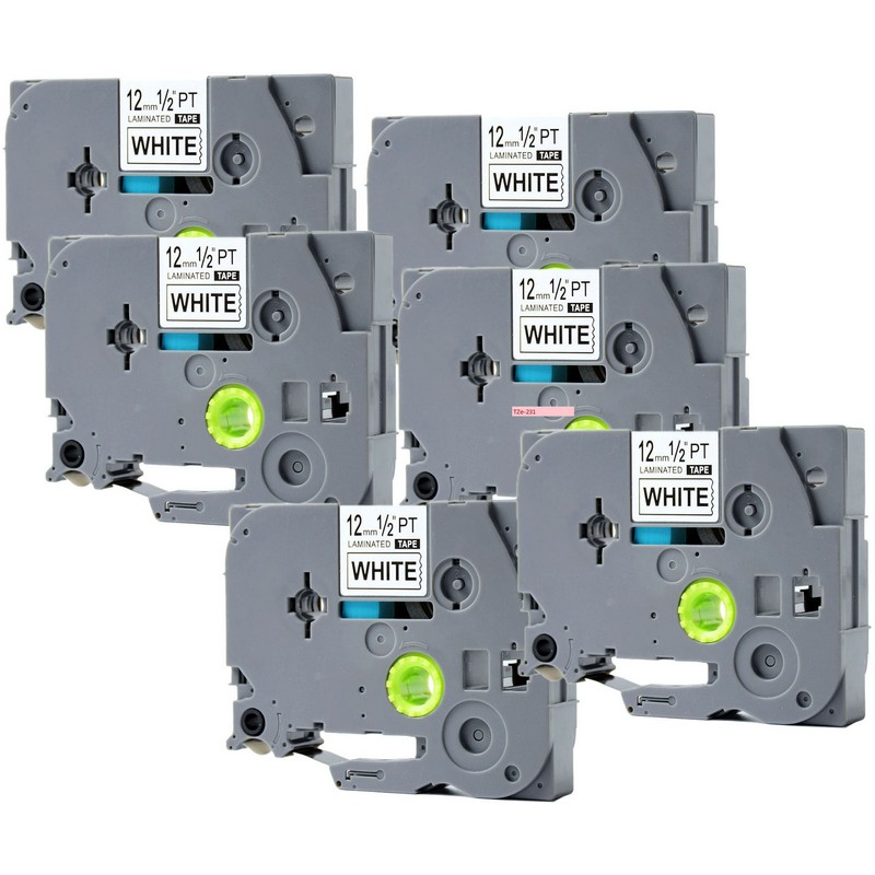 Set of 6 Brother TZe-231 Black on White P-Touch Label